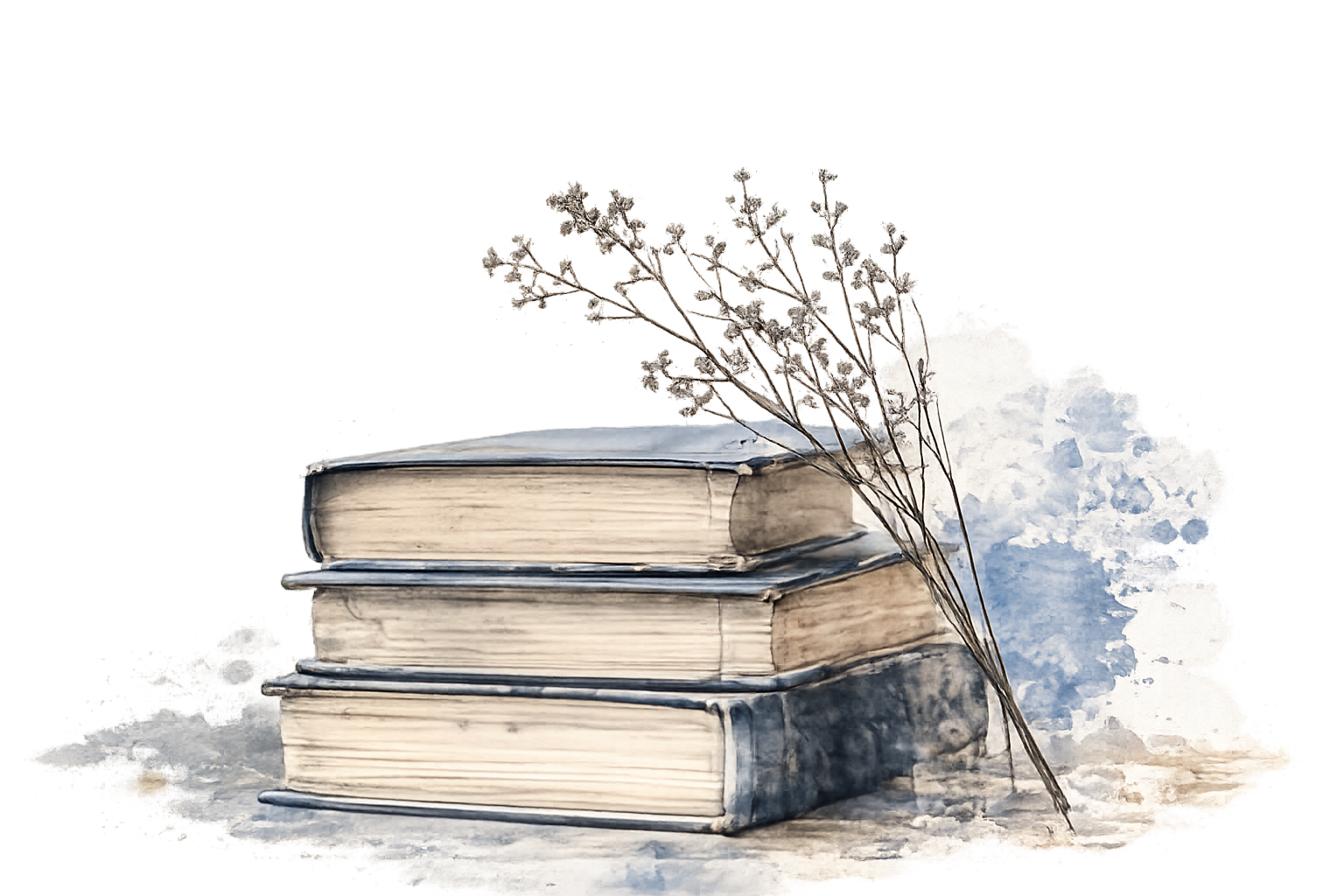 Ilustración de una pila de libros junto a flores secas