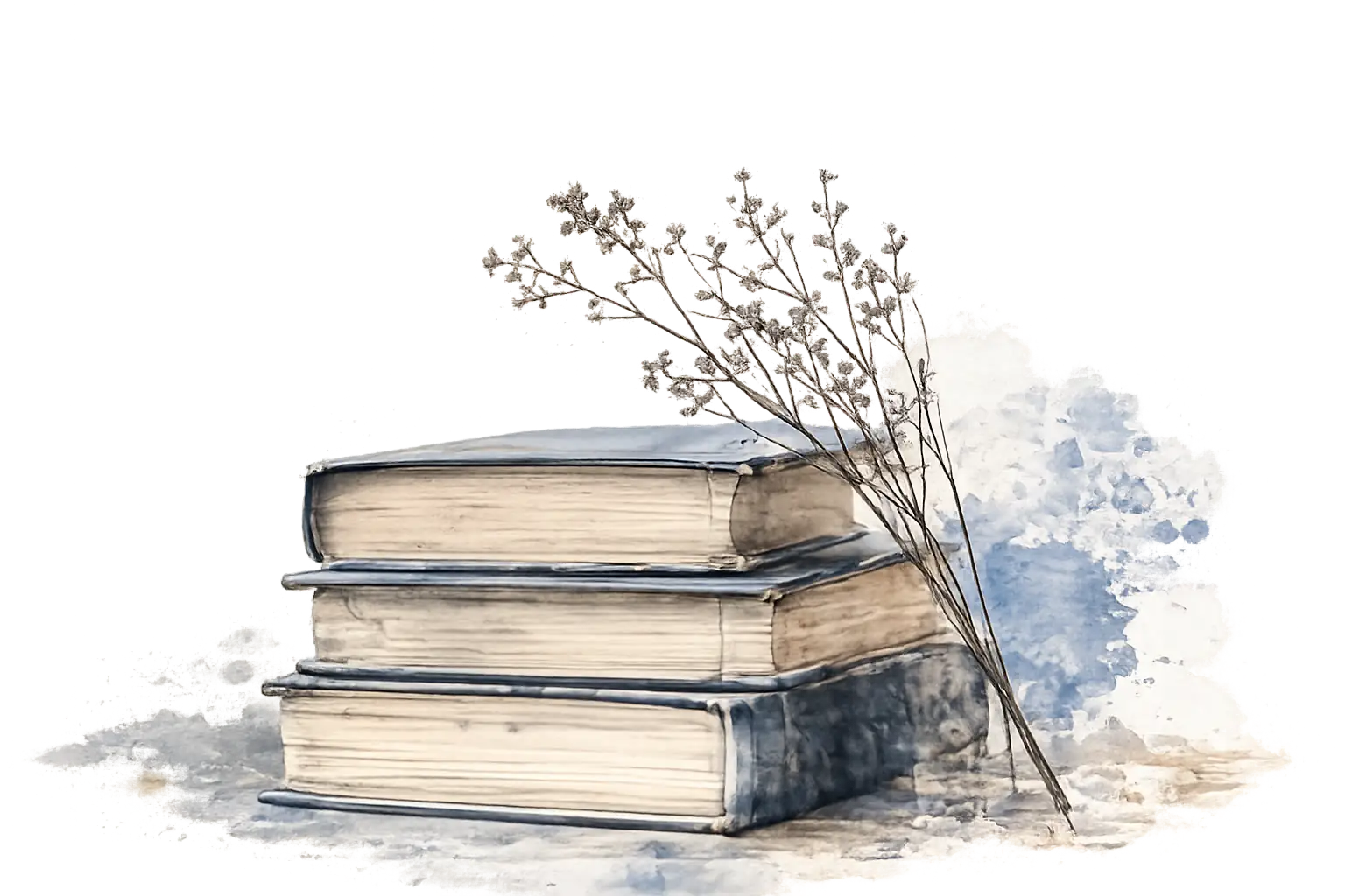 Ilustración de una pila de libros junto a flores secas