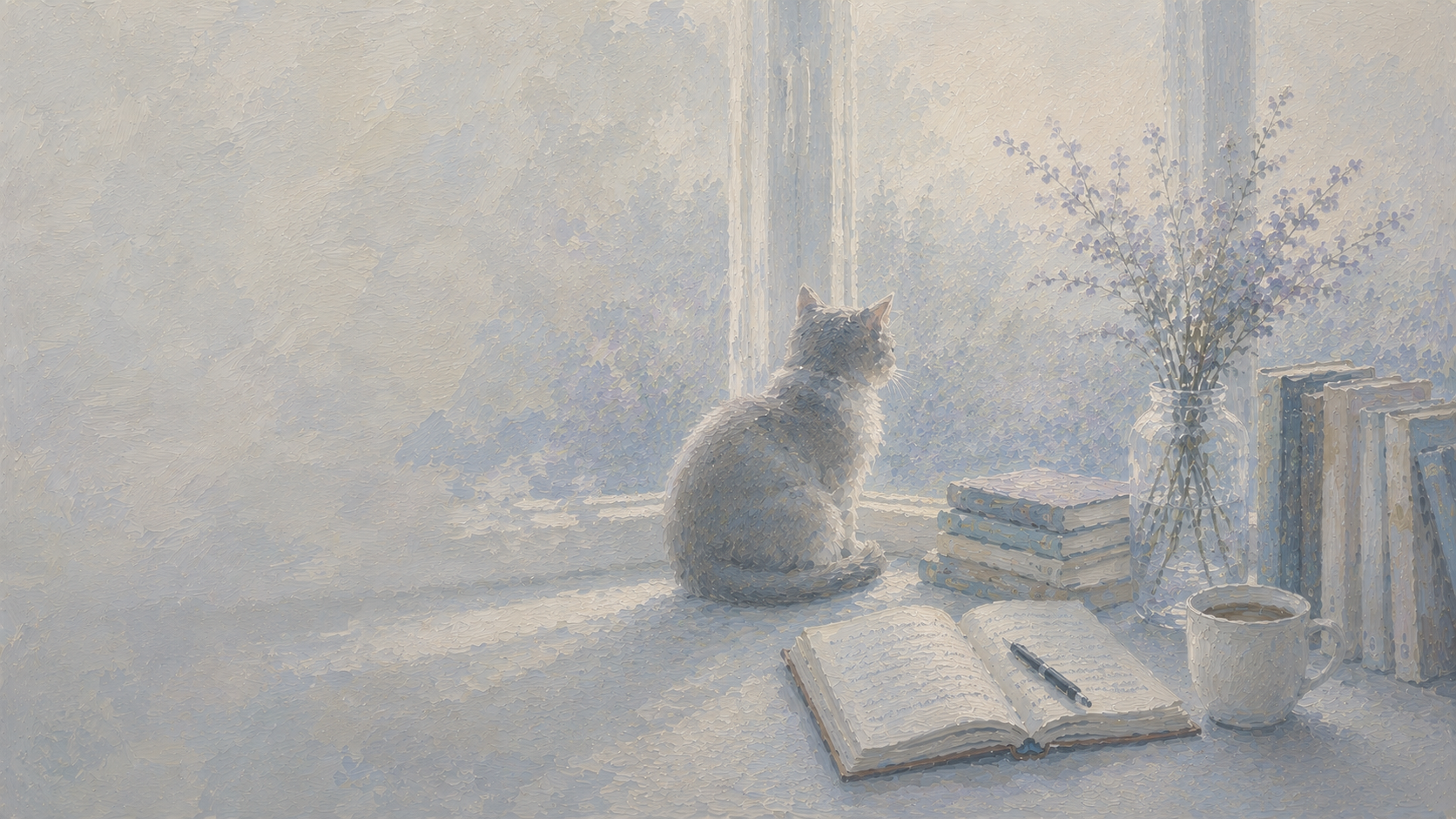 Pintura en tonos suaves de un gato blanco sentado junto a una ventana, con libros apilados y una taza de café sobre un escritorio