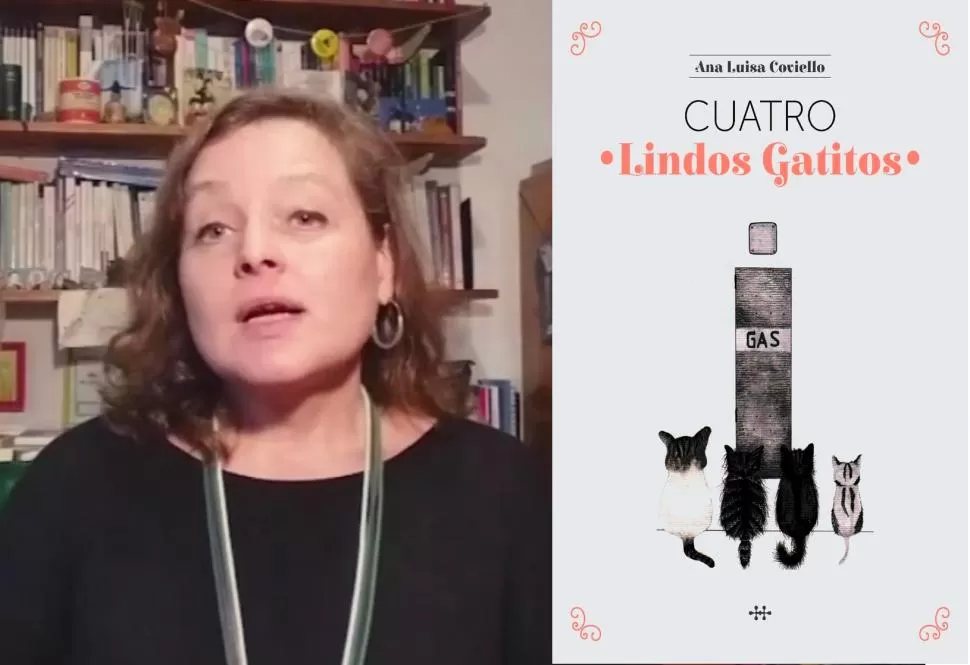 Ana Luisa Coviello mostrando el libro Cuatro lindos gatitos durante una entrevista